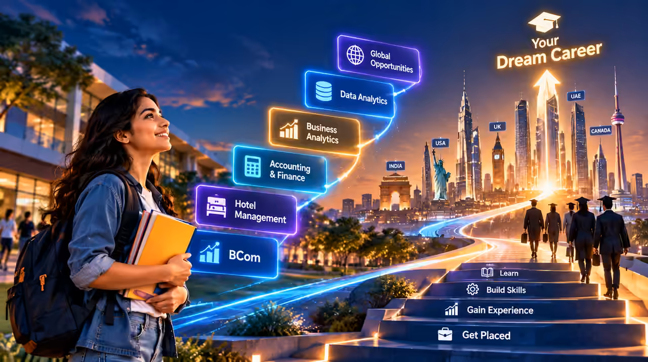 Student looking at a glowing path from B.Com and Hotel Management toward her dream career in India, USA, UK, UAE and Canada